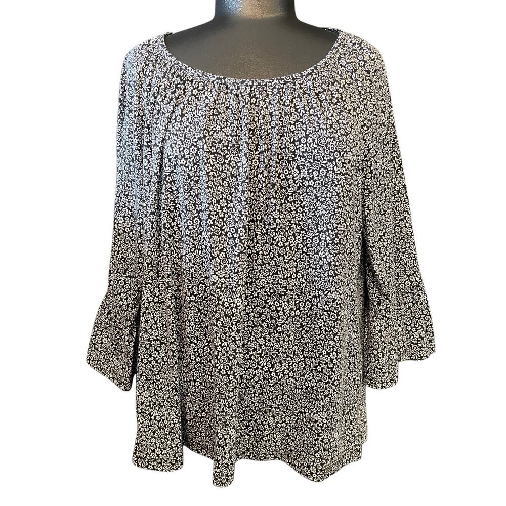Michael Kors Micro Floral Bell Sleeve Blouse Top Black White Women M